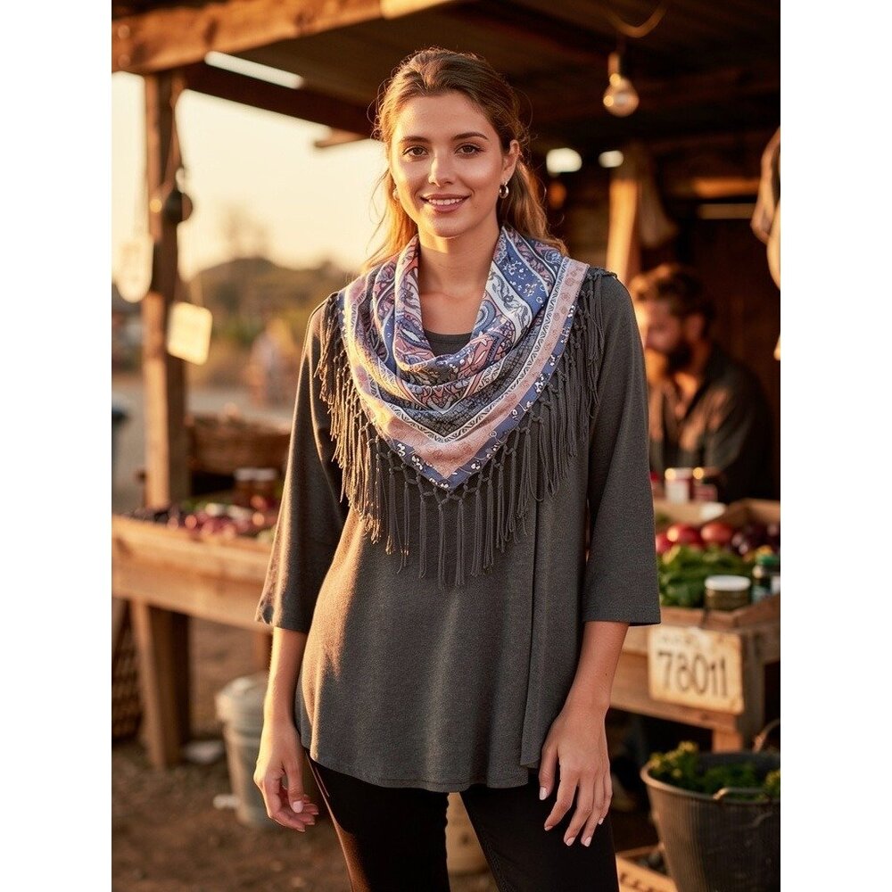 Gray 3/4‎ Sleeve Tunic With Paisley Pattern Fringe Scarf By OneWorld S